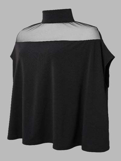 Batwing Sleeves Plus Size Cape See-Through Solid Color Split-Toe High-Neck Blouses&Shirts Tops