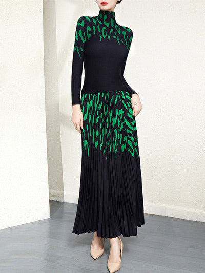 Long Sleeves Printed Mock Neck T-Shirt Top + Pleated A-Line Skirts Bottom Two Pieces Set