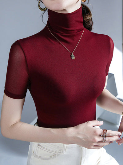 Half Sleeves Skinny Solid Color High Neck T-Shirts Tops