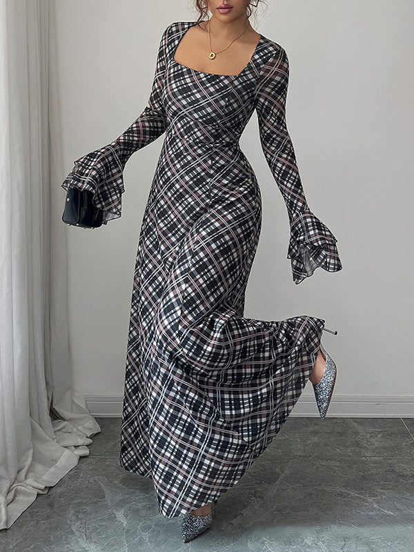 A-Line Flared Sleeves Contrast Color High-Waisted Plaid Square-Neck Maxi Dresses