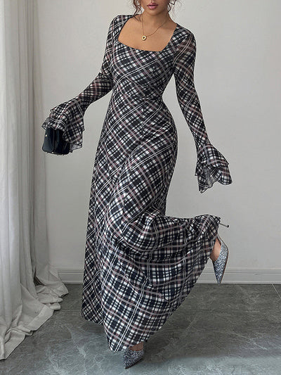 A-Line Flared Sleeves Contrast Color High-Waisted Plaid Square-Neck Maxi Dresses