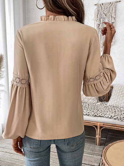Long Sleeves Loose Pleated Solid Color Split-Joint V-Neck Blouses&Shirts Tops