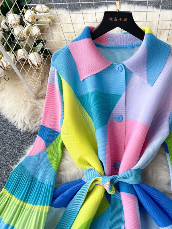 Flared Sleeves Loose Belted Contrast Color Pleated Midi Dresses