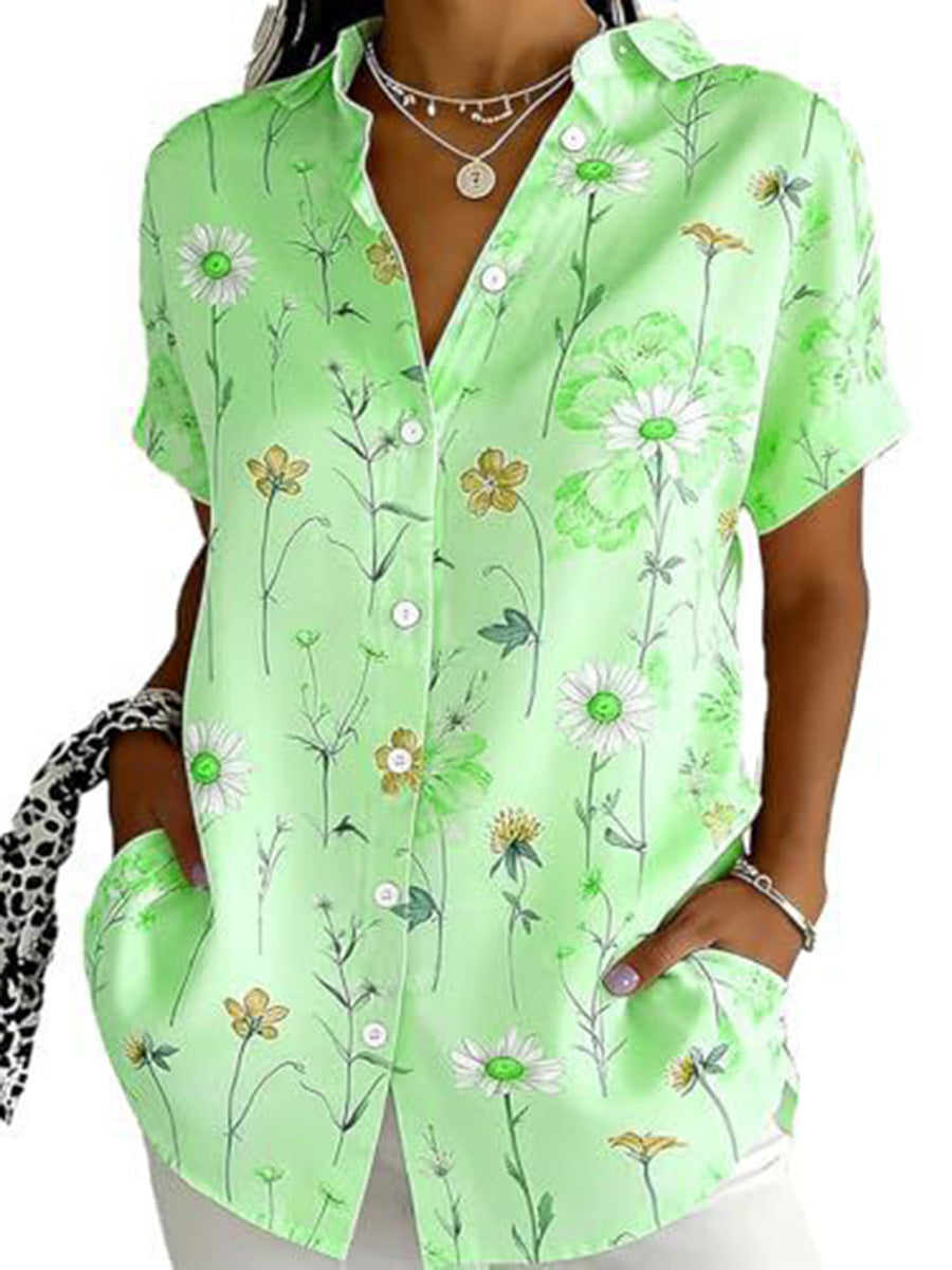 Loose Plus Size Buttoned Contrast Color Flower Print Lapel Blouses&Shirts Tops