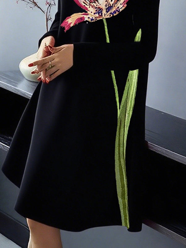 A-Line Long Sleeves Flower Print Pockets Mock Neck Midi Dresses