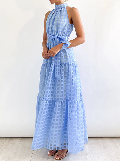 Loose Sleeveless Plaid Ribbed Stand Collar Maxi Dresses