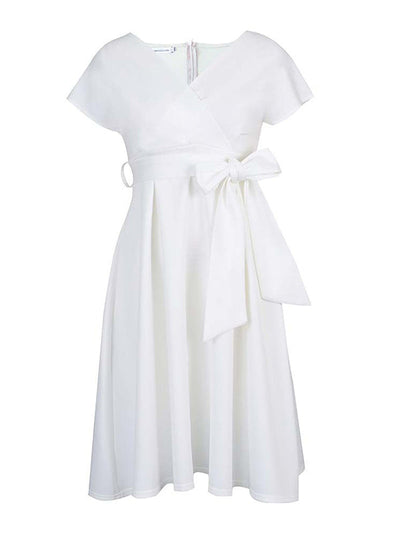 Bowknot Lace-Up Solid Color V-Neck Midi Dresses