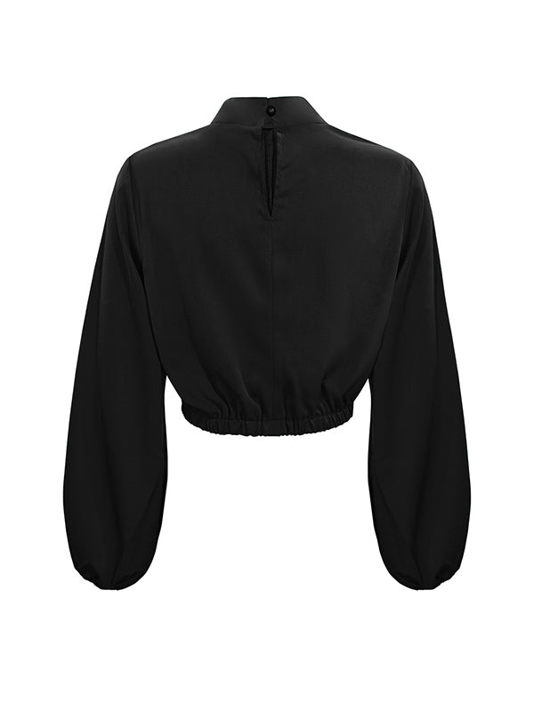 Long Sleeves Puff Sleeves Elasticity Hollow Knot Pleated Ruffled Mock Neck Blouses&Shirts Tops