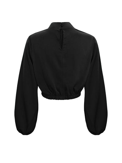 Long Sleeves Puff Sleeves Elasticity Hollow Knot Pleated Ruffled Mock Neck Blouses&Shirts Tops