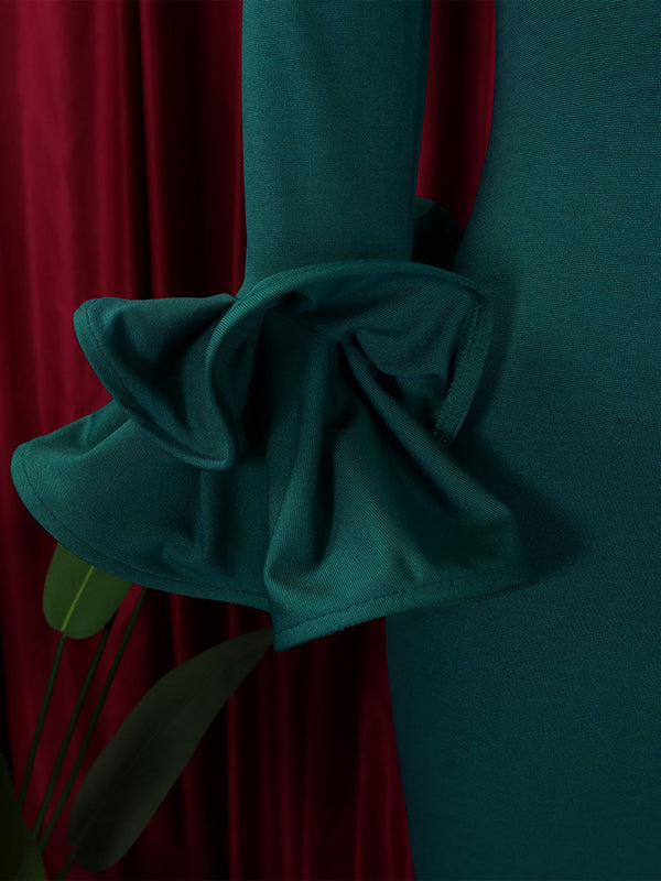 Bodycon Flared Sleeves Falbala Solid Color Split-side Off-the-shoulder Maxi Dresses