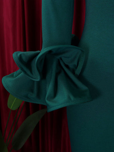 Bodycon Flared Sleeves Falbala Solid Color Split-side Off-the-shoulder Maxi Dresses