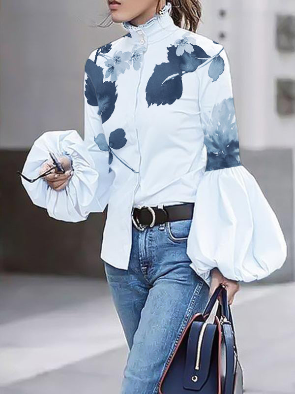 Long Sleeves Loose Buttoned Leaves Print High-Neck Blouses&Shirts Tops