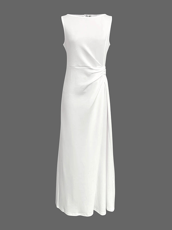 Sleeveless Gauze Pleated Solid Color Split-Joint Round-Neck Evening Dresses Maxi Dresses