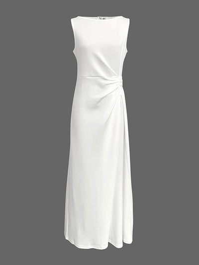 Sleeveless Gauze Pleated Solid Color Split-Joint Round-Neck Evening Dresses Maxi Dresses