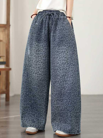 High Waisted Wide Leg Elasticity Leopard Pockets Rhinestone Shiny Solid Color Tied Waist Jean Pants Bottoms