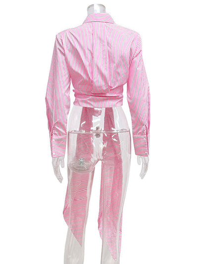 Long Sleeves Loose Asymmetric Split-Joint Striped Lapel Blouses