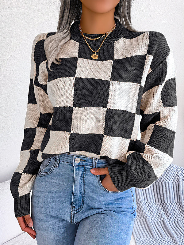 Long Sleeves Loose Contrast Color Plaid Round-Neck Sweater Tops