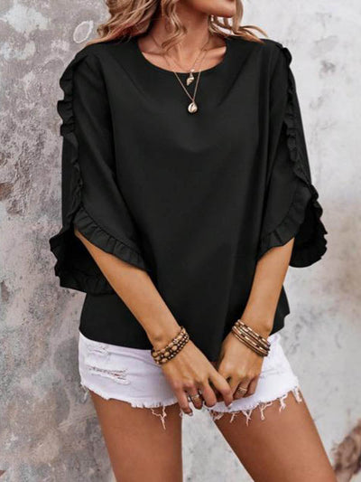 Loose Three-Quarter Sleeves Pleated Ruffled Solid Color Split-Joint Round-Neck Blouses&Shirts Tops