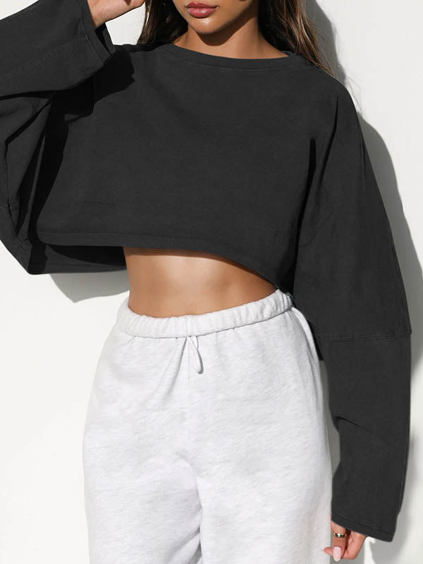 Long Sleeves Loose Solid Color Split-Joint Round-Neck Sweatshirt Tops