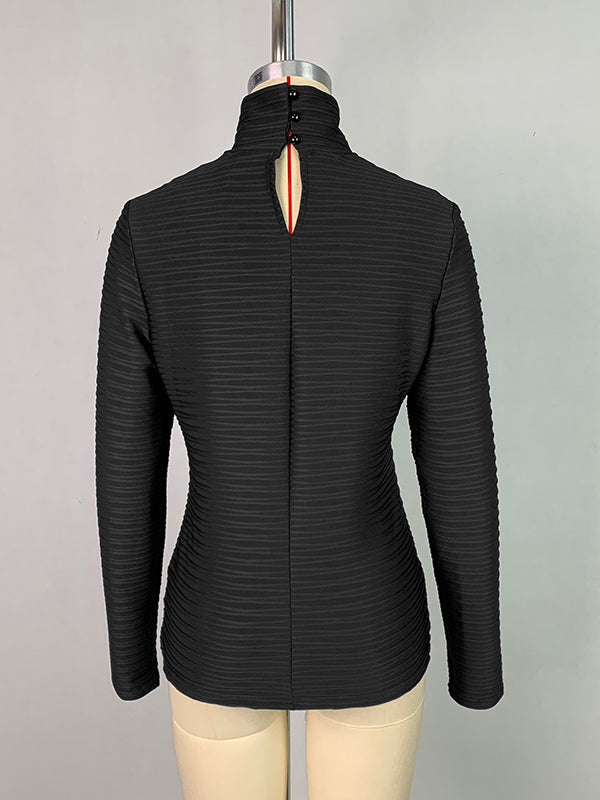 Long Sleeves Skinny Pleated Solid Color Split-Joint High Neck T-Shirts