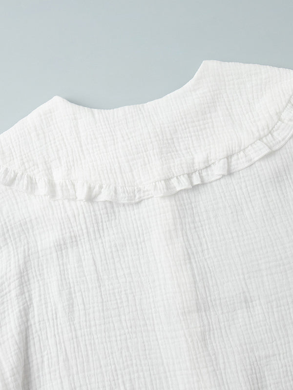 Long Sleeves Ruffled See-Through Split-Joint Peter Pan Collar Blouses&Shirts Tops