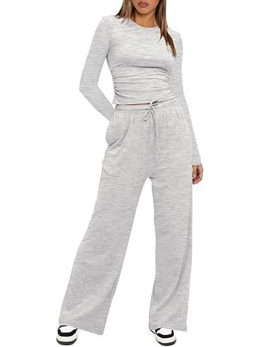 Solid Color Pleated Round-Neck T-Shirts Tops +  Elasticated Waist High Waisted Drawstring Pants Two Pieces Set