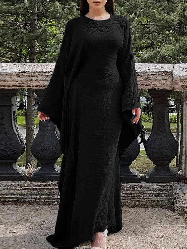 Batwing Sleeves Long Sleeves Solid Color Round-Neck Maxi Dresses
