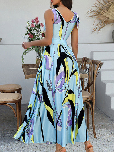 A-Line High Waisted Bowknot Contrast Color Pleated Printed Split-Joint Zipper V-Neck Maxi Dresses