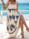 A-Line Loose Elasticity Pleated Printed Split-Joint Square-Neck Maxi Dresses