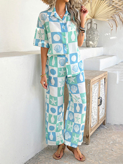 Loose Buttoned Contrast Color Lapel T-Shirt Top + Elasticity Pockets High Waisted Pants Bottom Two Pieces Set