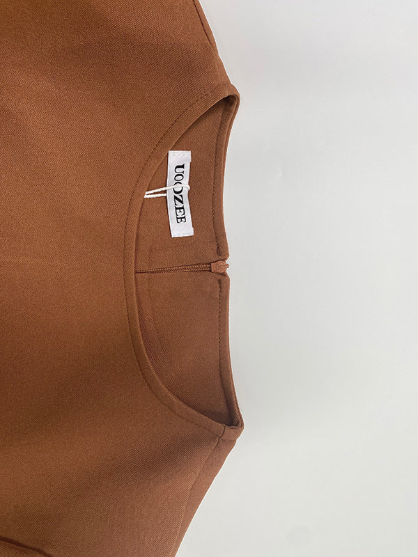 A-Line Long Sleeves Contrast Color Pleated Pockets Split-Joint High Neck Midi Dresses