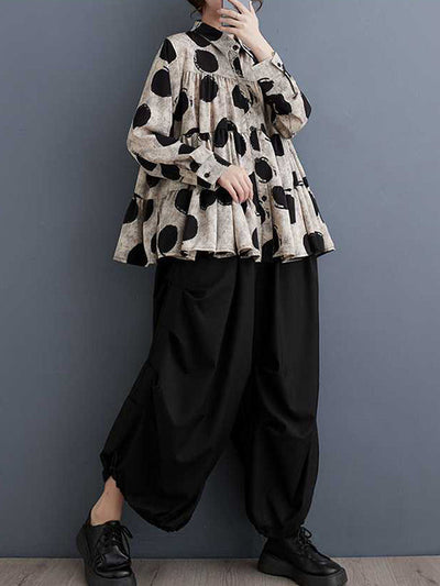 Long Sleeves Loose Pleated Polka-Dot Split-Joint Lapel Blouses