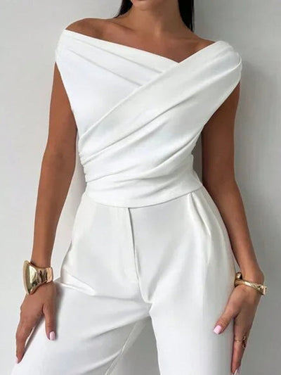 Short Sleeves Skinny Asymmetric Pleated Solid Color Split-Joint Asymmetric Neckline T-Shirts Tops