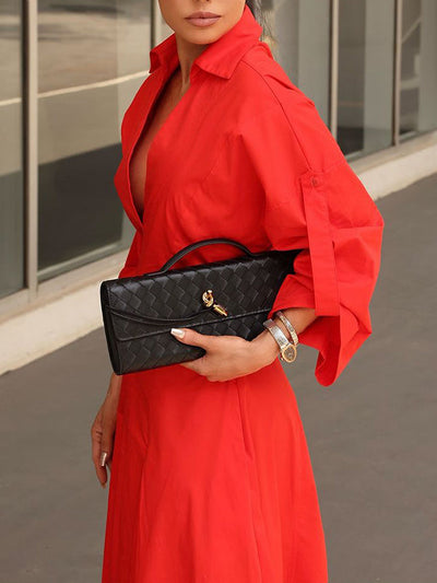 A-Line High Waisted Pleated Solid Color V-Neck Maxi Dresses Shirt Dress