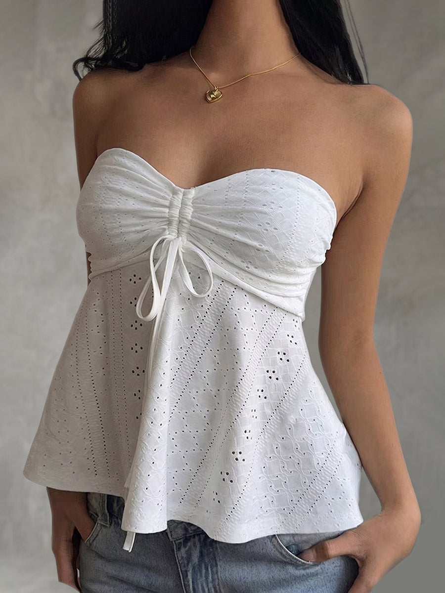 Skinny Sleeveless Backless Hollow Pleated Solid Color Split-Joint Tied Tube Vest Top
