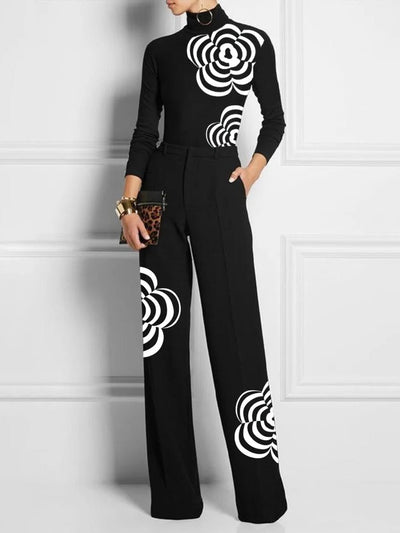 Long Sleeves Skinny Flower Print High Neck T-Shirts Tops