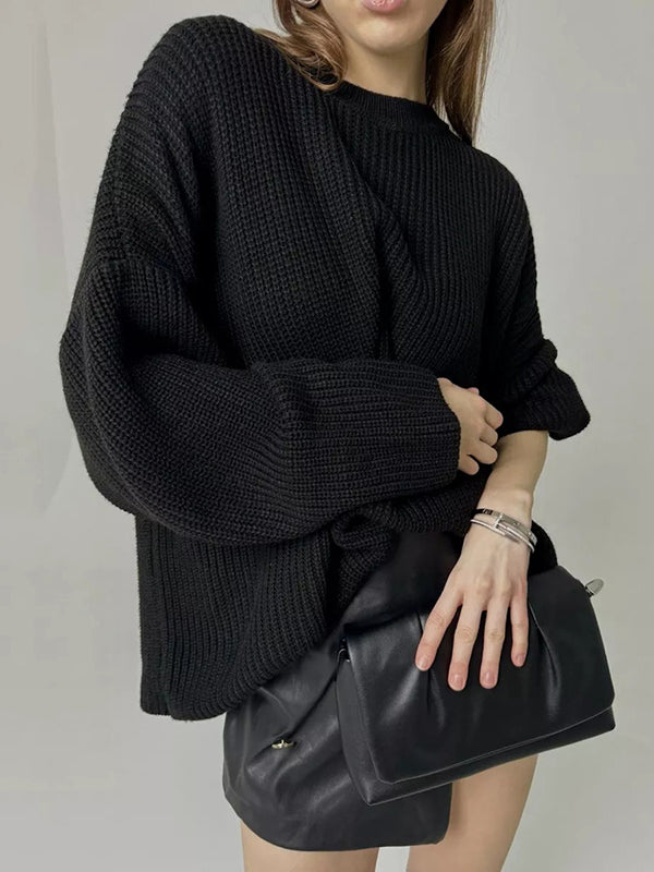 Long Sleeves Loose Solid Color Split-Joint Round-Neck Sweater Tops