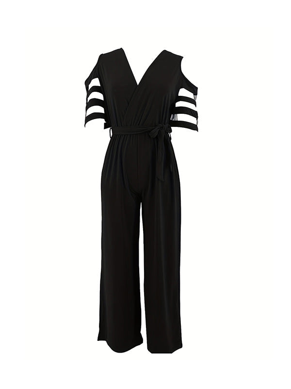 High Waisted Loose Hollow Mesh Solid Color Tied Waist V-Neck Jumpsuits