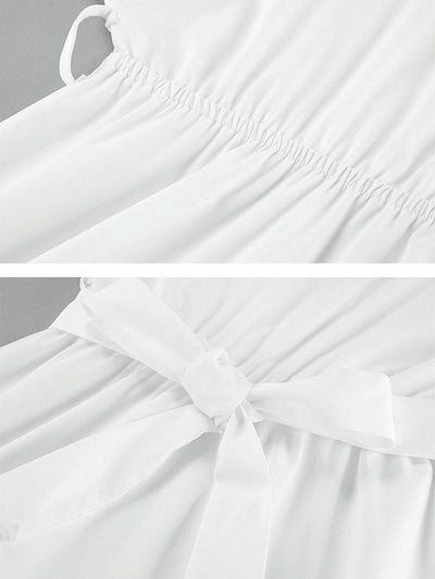 Long Sleeves Loose Pleated Solid Color Split-Joint Tied Waist V-Neck Mini Dresses Shirt Dress