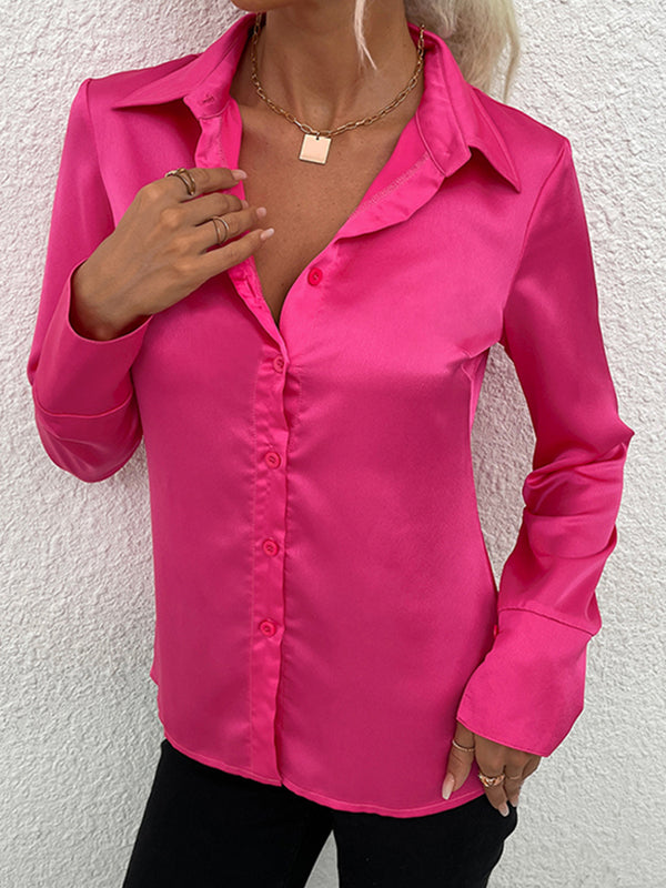 Long Sleeves Loose Buttoned Solid Color Lapel Blouses&Shirts Tops