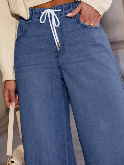 High Waisted Loose Drawstring Elasticity Split-Joint Jean Pants Bottoms