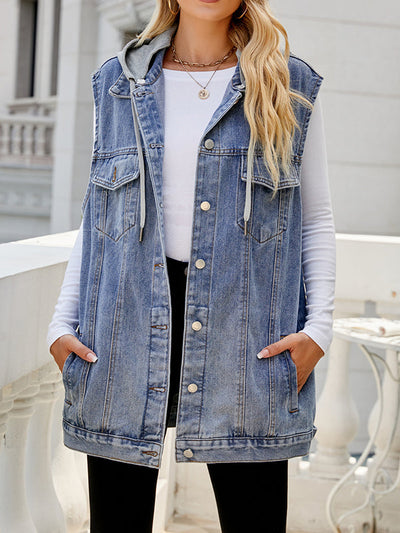 Loose Sleeveless Buttoned Detachable Drawstring Hooded Pockets Split-Joint Polo Vest Outerwear