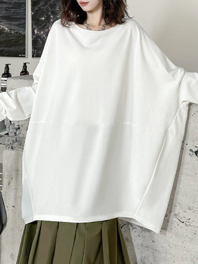 Batwing Sleeves Long Sleeves Solid Color Round-neck T-Shirts Tops