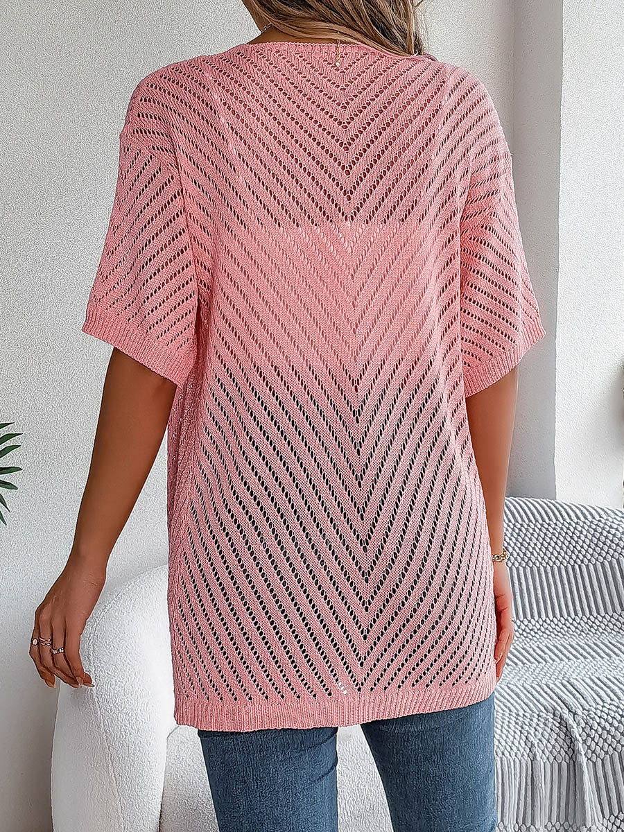 Half Sleeves Loose Hollow Solid Color Cardigan Tops