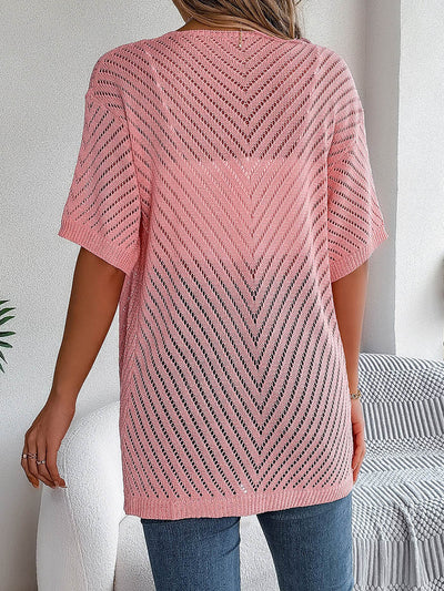 Half Sleeves Loose Hollow Solid Color Cardigan Tops
