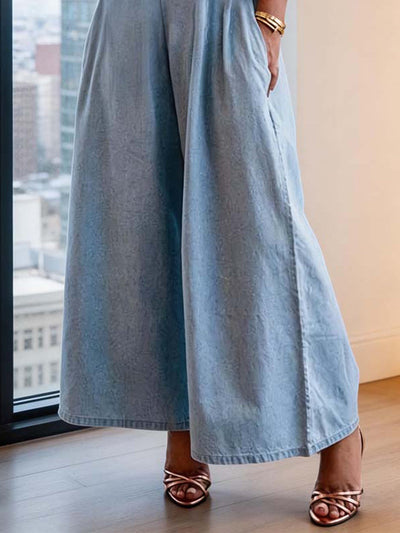 Loose Short Sleeves Pleated Solid Color Split-Joint Stretch; Elastic Off-The-Shoulder Jumpsuits
