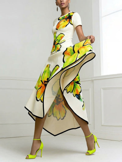 A-Line High Waisted Flower Print Pockets Skirts Bottoms