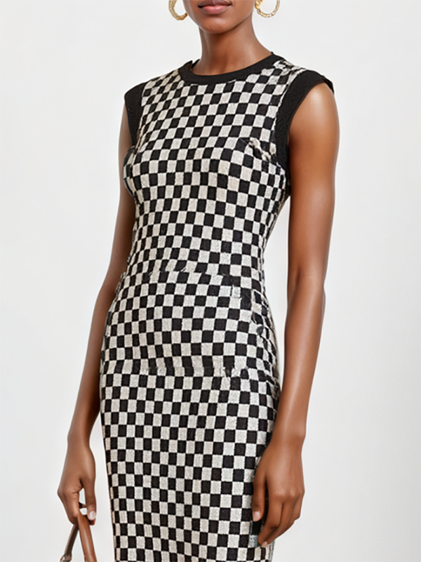 Bodycon Mermaid Contrast Color Plaid Pleated Round-Neck Midi Dresses Sweater Dresses