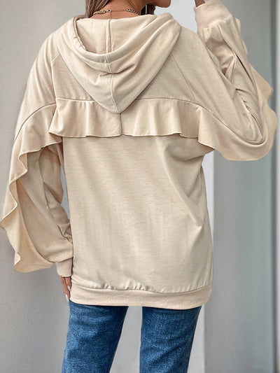 Long Sleeves Loose Drawstring Ruffle Trim Solid Color Split-Joint Hoodies Tops