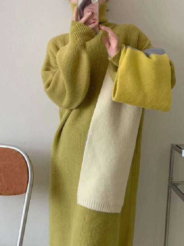Long Sleeves Loose Solid Color High Neck Midi Dresses Sweater Dresses